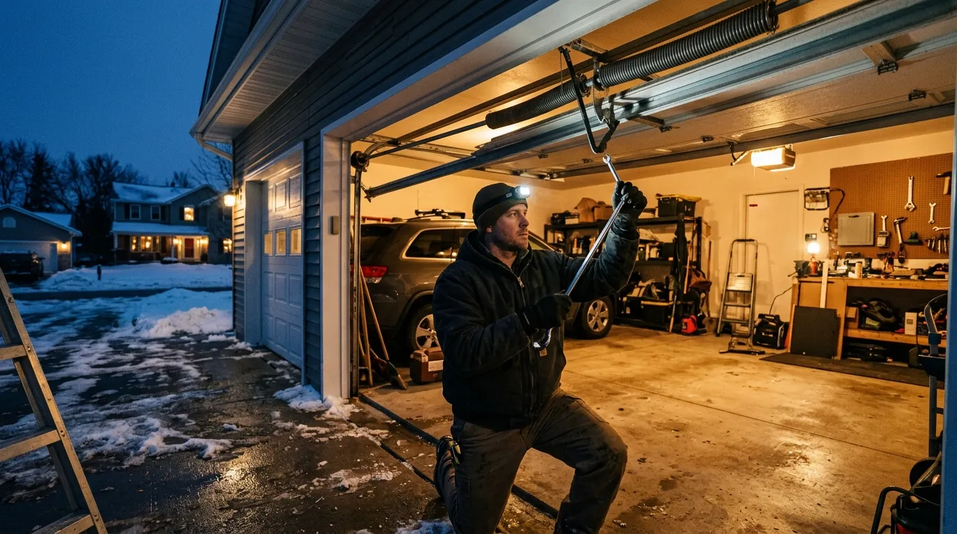 Garage door detail illustrating what to check when a spring goes in cold weather