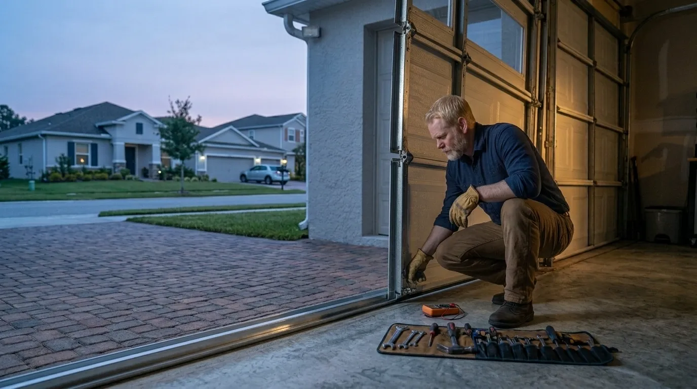 Garage door detail illustrating when to stop repairing a wheaton garage door