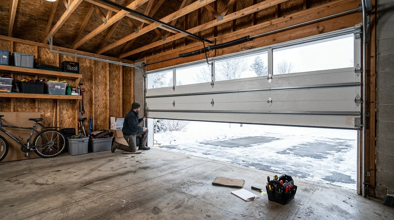 Garage door detail illustrating wide doors, big sails: wind and wheaton's older garages
