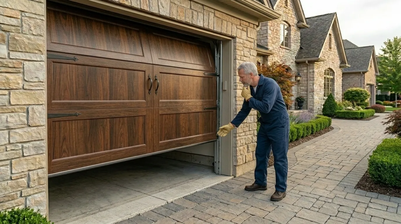 Garage door technician inspecting springs rollers tracks and opener in Wheaton